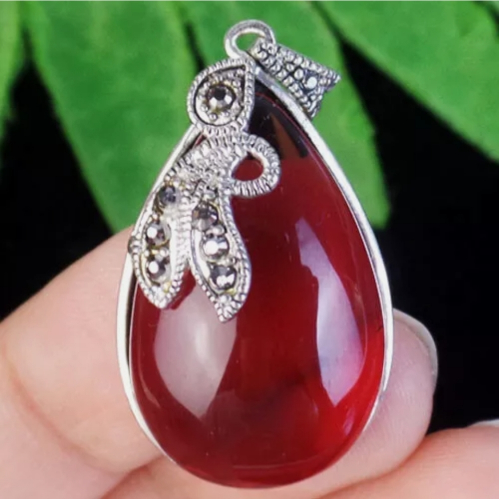 New Wrapped Pave Red Titanium Crystal Amulet Silver Pendant.
